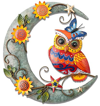 DZAY Metall Tier Wanddeko Mond und Eule/Böser Drache Wanddekoration aus Eisen Wandskulpturen,Metall Wanddeko Tierische 3D Wandbilder Türschild Wandhänger Metall Kunst Wandschmuck (Moon and Owl)