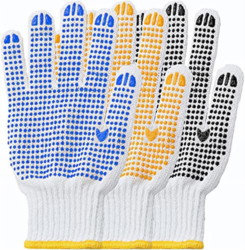 Maeline 6 Pairs Bulk Safety Work Gloves Single Sided PVC Dot Knit Gloves for Men, Women (Black, Blue, Yellow)
