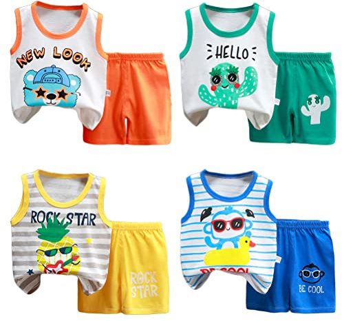 XM-Amigo 8 Piezas/4 Unidades Conjuntos Top y Pantalones Cortos para Niños Chalecos/Camisetas sin Mangas Tallas 2-3 años(Etiqueta: 65-100) Verano