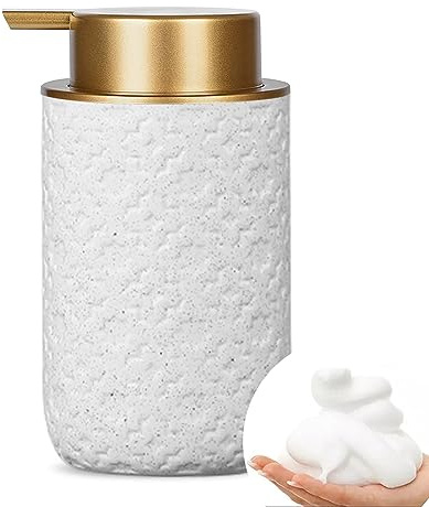 Distributeur de savon en mousse en céramique beige avec pompe dorée – Rechargeable pour cuisine et salle de bain, 340,2 g pour savon, désinfectant, gel douche, lavage à la main