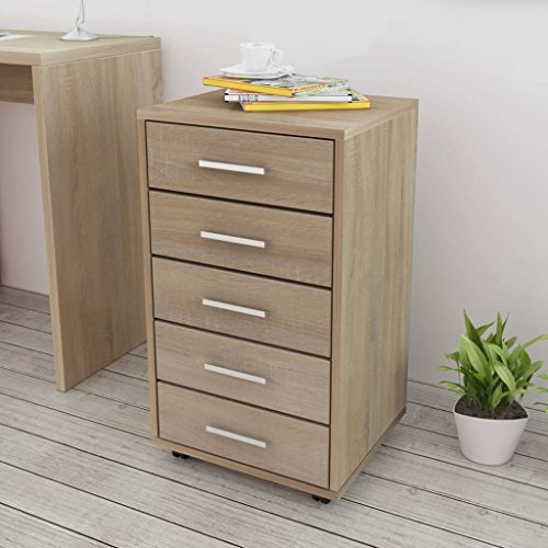 ZEYUAN BüroSchubladen, Kommode, Sideboard, Highboard, Schrank,Schrank auf Rollen 5 Schubladen, Kommode, Sideboard, Highboard, Schrank, Eiche