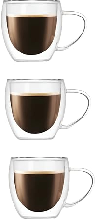 vienberg Bicchieri da 200 ml a doppia parete con manico, in vetro borosilicato soffiato a mano, vetro termico, per latte macchiato, bicchiere da tè, caffè doppio isolato (3 pezzi)