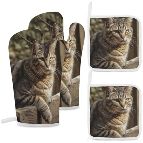 Lot de 4 gants de cuisine et maniques résistants à la chaleur - Motif chat sur clôture en bois - Gants de barbecue - Gants de cuisine pour cuisine et grillades