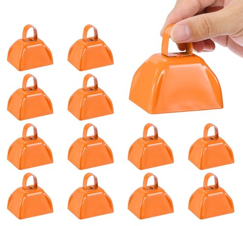 PATIKIL 3 Pouce Cloches de Vache pour les Matchs de Football, 12Pcs Cloches en Vrac Cloche de Vache en Métal avec Poignée pour Compétition d'Encouragement Marathon DIY, Orange