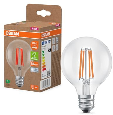 Osram en forme de globe classique, avec filament LED décoratif, classe d'efficacité énergétique A, E27, 5 W, 1055 lm, 4000 K, blanc froid. Sans échauffement, 100% d'éclairage immédiat.