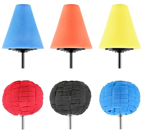 6 Pcs Car Wheel Hub Drill Buffing Sponge Pads Kit, Aemygo Automotive Cone Metal Polish Buffing Pads Polishing Ball Car Wheels Care Buffing Tool for Metal, Plastic, Ceramic and Glass