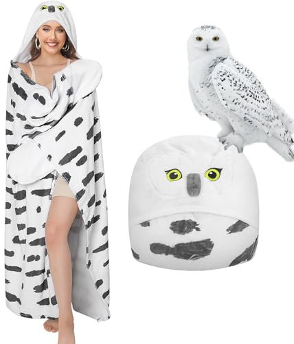 pewjury Coperta con maniche e cappuccio, con gufo di neve, con guanti, motivo animale, morbida coperta in flanella, per donne, bianco, 130x160cm