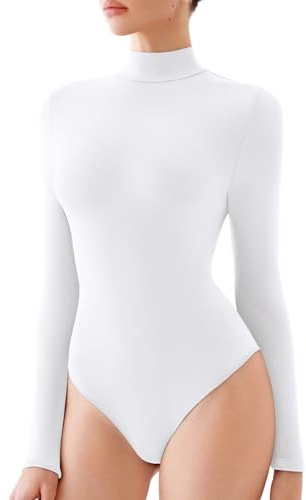 REORIA Women's Long Sleeve Bodysuits Mock Turtleneck Slim Tight Double Lined Basic Layering Body Suits Tops Fall Winter Outfits 2025(White Small)