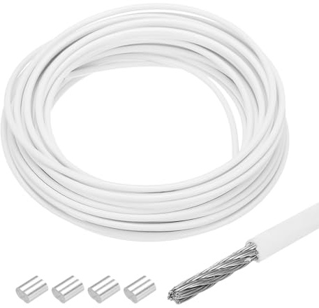 QUARKZMAN Câble en Acier Inoxydable 304 33 Pieds 10 m pour Suspendre Blanc | Revêtu de Vinyle, 1/8 3 mm avec 4 Manchons en Aluminium, Étendre le Linge Soulever des Charges