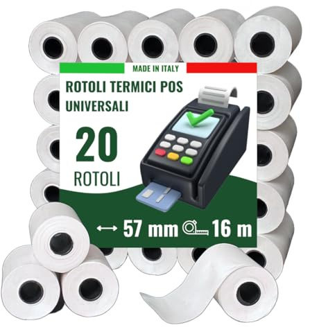 Confezione da 20 Rotoli di Carta Termica POS 57x16mt - Rotoli POS di alta qualità compatibili con tutti i dispositivi 57x35x12 – Rotolini carta POS BPA free