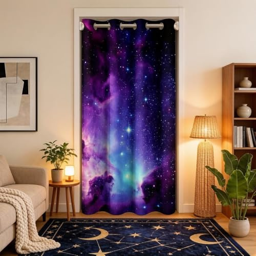 Loussiesd Cortinas para Puertas, Ventanas, Privacidad de Galaxia, Cortina de Puerta para Dormitorio y Armario de Espacio Exterior Nebulosa Púrpura Azul Universo 106X203Cm 30%-50% Cortina Oscurecedora