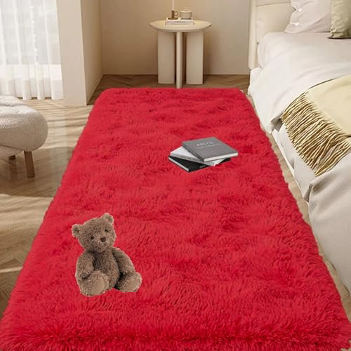 GOUTUI Bettvorleger 40 x 240 cm Anti-Rutsch Unterseite Shaggy Weich Teppich Wohnzimmer Deko für Schlafzimmer Kinderzimmer Wohnzimmer, Rot