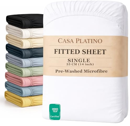 Fitted Sheet Single, 90x190 Pre-Washed, Deep Pocket 35cm - White | Bottom Sheet, Soft Brushed Microfibre, Breathable, Shrink-Resistant, Fade-Resistant, Hotel Quality Snug Fit