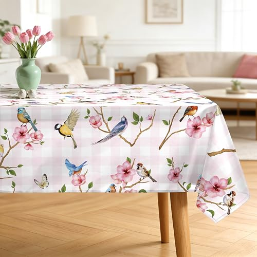 Arquiel Polyester Tischdecke mit Vogel Blumenmotiv, Waschbar, 140 x 180 cm | Wiederverwendbare, Waschbare Polyester Tischdecke mit Rosa Floralemuster für Küche, Esszimmer und Festliche Tischdekoration
