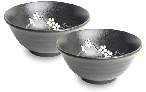 Japan-skålar ASIATICA | Ramenskål porslinskålar 15 cm | högkvalitativ asiatisk skål för ris, nudlar, tapas, Udon, müsli – soppskål med japansk design (set med 2 anemon mattsvart)