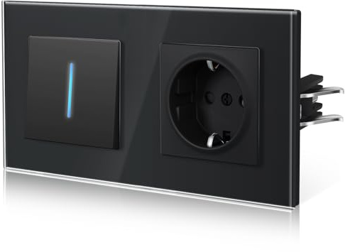 BSEED Lichtschalter mit Steckdose aus Glas, Unterputz Schalter Hintergrundlicht mit Krallen, Wechselschlter NEU E-Serie,1 Fach 2 Wege,Schwarz 157mm