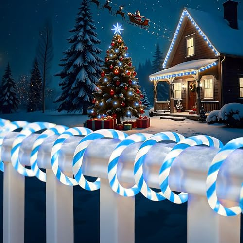 Jnaurb Christmas Candy Cane Lights, 66ft 480 LED Connectable Flexible White & Blue Candy Cane Rope Lights for Outside, 8 Modes Waterproof LED Christmas Light for Garden Patio Tree Holiday Party Decor