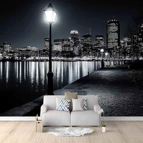 Papier Peint Panoramique 3D Nuit ville photo noir blanc 200 x 140 CM (L x H) Intissé Poster Murale Décoration pour Salon Chambre Fond De Mur Tv Papier Peint Murales, Art photographie
