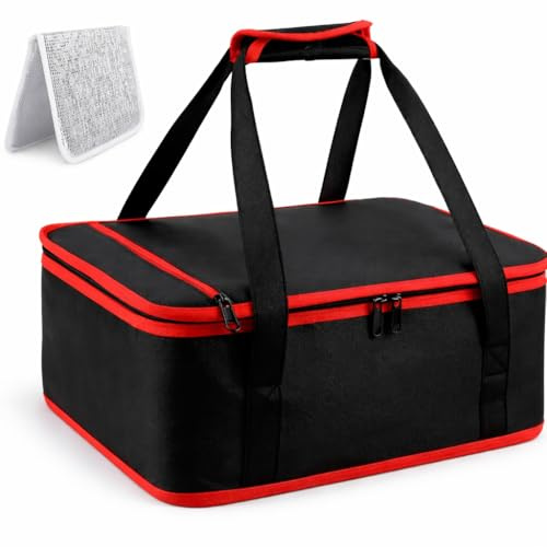Insulated Casserole Carrier Bag for Hot Cold Food, Portable Snackle Bags Keep Contanier Thermal and Cooling, Carrying 11x15 Baking Pan, Travel Picnic Cake Dessert Warmer /Cooler Carriers Boxes, Black