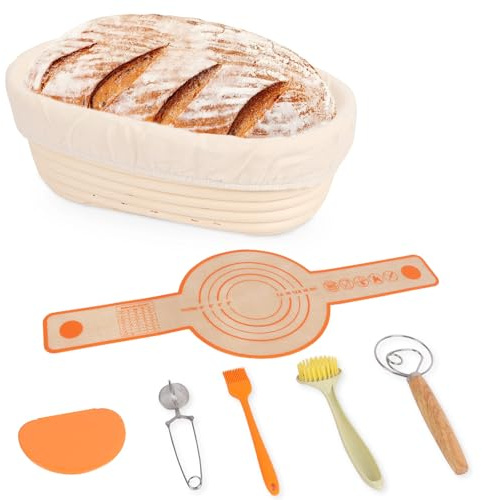 Bread Proofing Baskets, 10inch Sourdough Oval Proofing Basket, Proofing Bowls with Liners for Bread Making for Professional and Home Bakers (1PCS+6KIT)