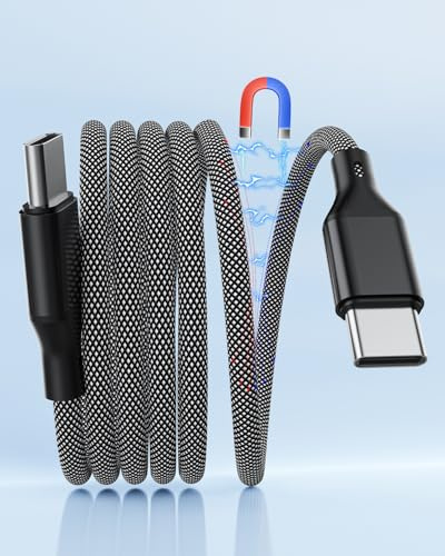 Câble USB C vers USB C Magnétique 1 m, Câble de Type C Spiralé à Chargement Rapide 60 W Synchronisation de Données Tressé plat Anti-enchevêtrement pour iPhone 16/15, Samsung Galaxy,Noir