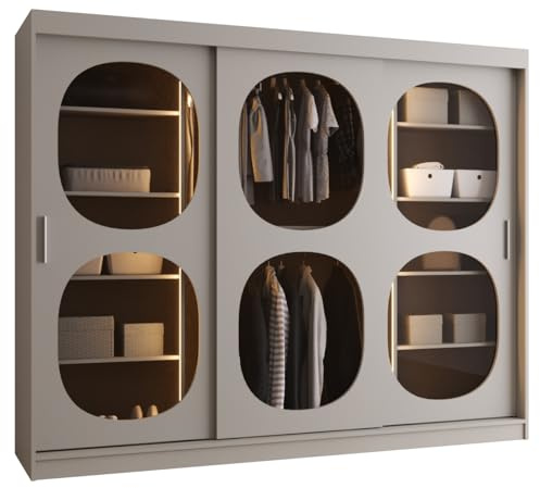 MEBLE KRYSPOL - Kleiderschrank - Schlafzimmerschrank - BxHxT 200x250x62cm - Schrank mit Schiebetüren mit Rauchglas, 2 Kleiderstangen und Fächern - Garderobenschrank BAHRAJN 2 - Kaschmir