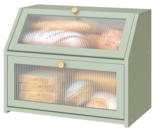 Vriccc Green Bread Box for Kitchen Counter, Large Bamboo Wood Double Layer Bread Box, Wooden Bread Storage Capacity