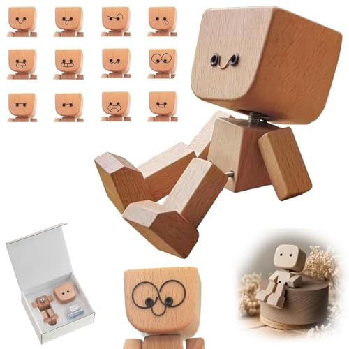 Schüttelmann Holz Wackelfigur Auto Schüttelmann Holzfiguren mit Wackelbeinen und 12 Magnetischen Ausdrücke Charmante Holzfigur Wackel-Auto-Ornament Kreative Geschenke für Freunde und Familie (2 Stück)