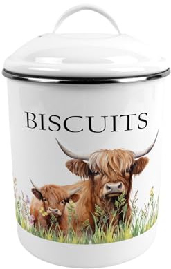 Purely Home Highland Cow & Calf Large Metal Biscuits Canister - Stylish Farmyard Inspired Tin Kitchen Storage Jar/Caddy Gift With Lid & Handle