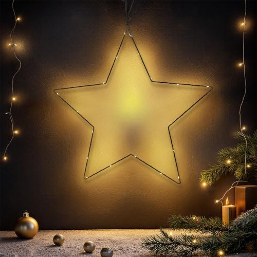 Spetebo Metall Leuchtstern zum Hängen schwarz mit Timer - 20 LED - 50 cm | Stern Silhouette, warm weiß beleuchtet, batteriebetrieben, Weihnachtsstern Wandbild Fensterdeko