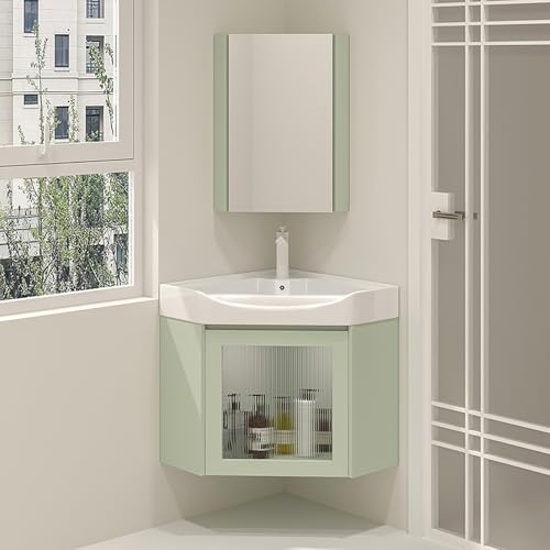 Vanità angolare da bagno con lavabo in ceramica e armadietto a specchio, mobile salvaspazio con rubinetto e scarico, ideale per piccoli spazi