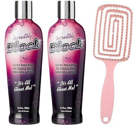 Incredibly Black Bronzing Lotion Pack of 2 x 250ml with Hair Brush – Ultra Powerful 10 X Double Dark Tan Enhancer with Vitamin A E Shea Butter and Coconut Oil for Deep Long Lasting Radiant Colour