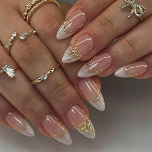 24PCS Almond False Nails, Medium Length White Pearl French Stick on Nails, Golden Line Bow Design Press On Full Cover Acrylic Nail, Removable Glue-On Fake Nail for Women & Girls, Thoughtful Gift