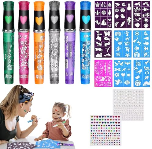 Kit Per Il Trucco Della Pittura Per Viso: Pennarelli A Base D'acqua, Pastelli Colorati Per IlCorpo, Pittura Per Viso E Corpo Lavabile In Sei Tonalità Con Stencil | Ideale Per Lo Sport, Feste