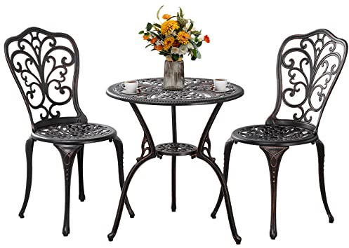 Withniture Outdoor Bistro Set 3-teiliges Gartenbistro-Set, Gusseisen-Bistrotisch mit 2 Stühlen, Kleiner Terrassentisch für Balkon, Schwarz (bronzefarben)