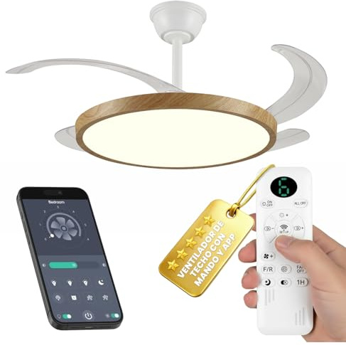 LUMIKING Ventilador de Techo con Luz LED Regulable y App | Motor DC Silencioso | 6 Velocidades | Tonalidad Ajustable 3000K–6500K | Mando a Distancia | Blanco o Madera | 3 Tamaños | Madera, 108 CM