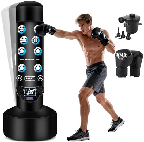 NZQXJXZ Verbesserter Boxsack Stehend mit interaktiver Musikmatte, 175cm Boxsack Erwachsene mit Punktestandanzeige, Licht- und Musikmatte, Kickboxen für Anfänger, MMA-Training