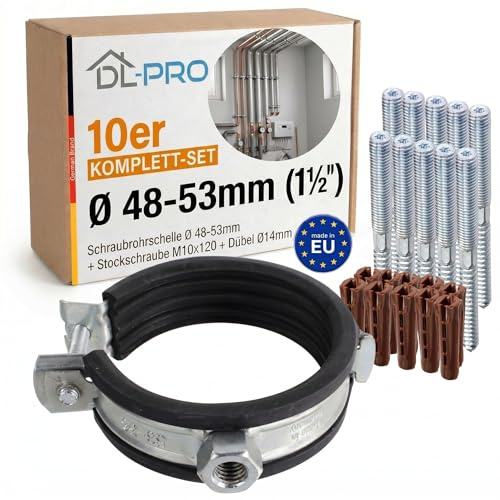 DL-PRO Schraubrohrschelle Ø 48-53mm (1½) EPDM Schallschutz 10er Set inkl. Stockschraube M8x90 & Dübel – Stahlrohr DN40 HT-Rohr DN50