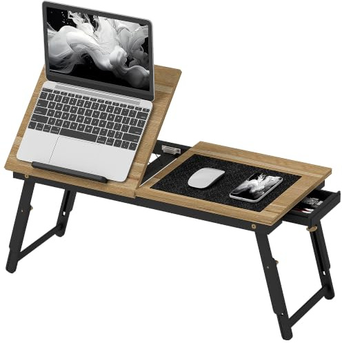 HOMCOM Laptoptisch Höhenverstellbar Betttisch 83,5 x 33 x 23,5-34 cm Eiche | Mit Schublade, Klappbar Lapdesk, Laptopständer, für Sofa Arbeiten Bett Studieren Essen