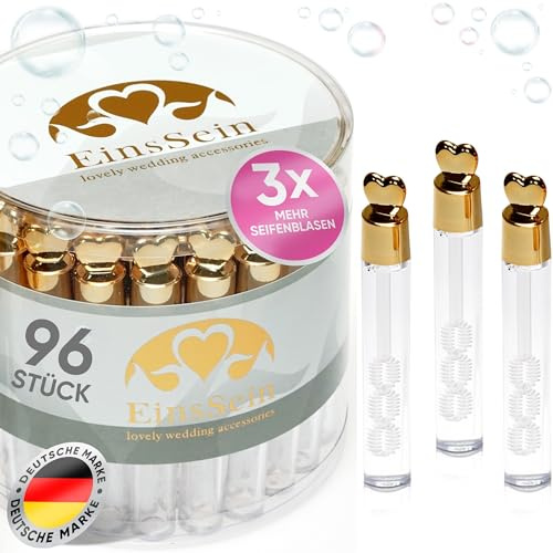 EinsSein 96x Wedding Bubbles Love Tube Box with High Gloss Metallic Gold 3D Heart Handle – Bulk Soap Bubble Favours for Guests Kids Party Favors for Weddings Baptism Birthday Events
