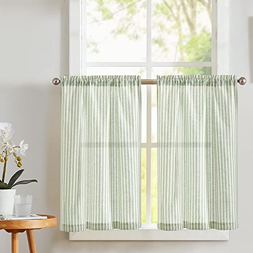 Vangao Stripe Farmhouse Küchen-Vorhänge, 91,4 cm Länge, Leinen-Mischgewebe, Café-Vorhänge, Ticking-Stripe-Vorhänge, Nadelstreifen, halbtransparent, kleine Fensterbehandlungen, Stangentasche, 2