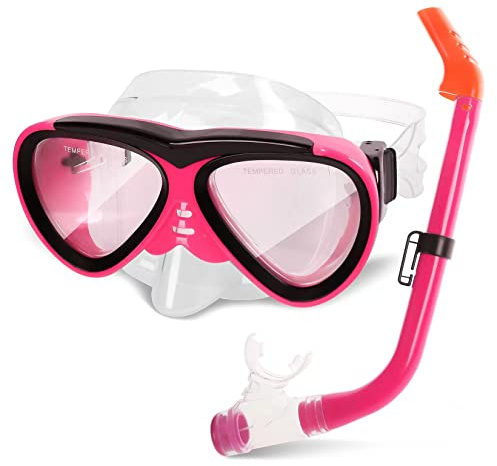 GreenLF Kids Snorkel Set, Anti-Fog Snorkeling Mask with Nose Covers for Youth Junior Child, Boys & Girls Age 5-12, Semi-Dry Diving Scuba Swimming Goggles Gear Packages
