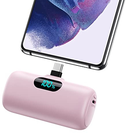 Feob Batterie Externe USB C 5000mAh, 15W 3.0A Charge Rapide Chargeur Portable Mini Power Bank avec Écran LCD Compatible avec iPhone 17/16/15, Samsung S23,S22/Note/Huawei/Moto/Pixel, USB C etc - Rose