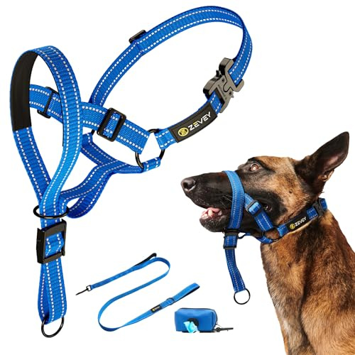 Zevey Dog Headcollar with Leash and Safety Strap Stops Heavy Pulling On The Leash Padded Reflective Head Halter for Small Medium Large Dogs Adjustable Head Harness for Training and Walking, (L, Blue)