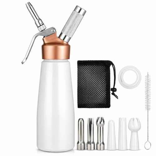 Siphon chantilly professionnel 0,5 litre en alliage d'aluminium avec dessus doré et 6 embouts de décoration pour crème fouettée maison (blanc)