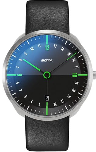 botta Herren-24H-Stunden-Uhr Schweizer Quarzwerk mit Lederarmband TRES 24 (40 mm, Schwarz/Grün)