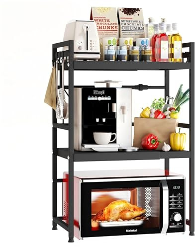 Mointal Soporte Expandible para Microondas, Estantería 3 Niveles para Microondas de Cocina, Estantería Acero al Carbono para Microondas de Encimera, Organizador Almacenaje Cocina con 8 Ganchos, Negro