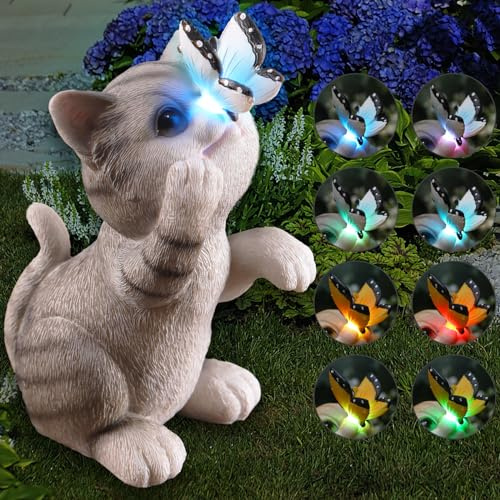 halp·ssfm Cat Garden Statue Outdoor Solar Decorations Butterfly Light Figurine Color Changing LED Lights Resin Sculpture Art Decor Patio Lawn Yard Housewarming Gifts for Women Grandma Mom