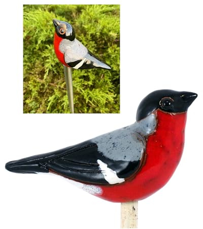 Midene Gartenstecker Keramik Handgefertigt - Gartendeko für Draußen Wetterfest - Garten Deko Keramik - Vogel Gartenfiguren & Gartenstatuen - Gimpel/Dompfaff