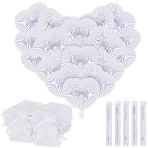 Ventagli Matrimonio 100 Pezzi（50 Ventaglio+50 Sacchetti in Organza） Ventagli Matrimonio Personalizzati Ventagli Bianchi Bianco Ventagli Piccolo Carta Pieghevole Gadget di Nozze Cuore Vetaglietti